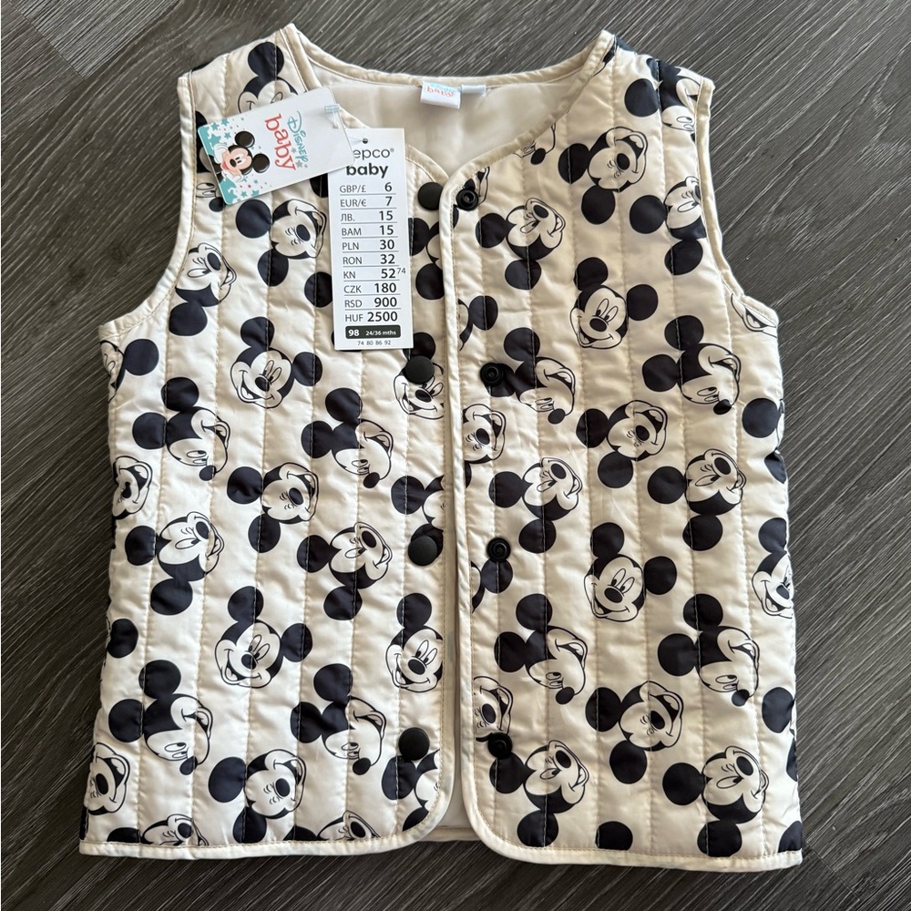 H&M baby boy/girl Quilted Mickey Mouse Vest Size 24-36 months. Beige with Mickey